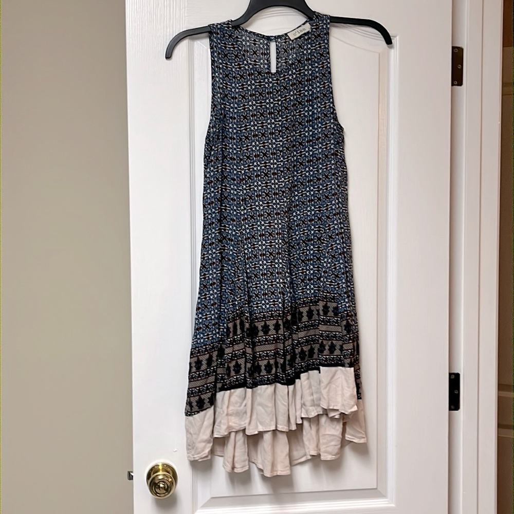 c’isa Sleeveless blue and brown print dress.